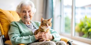 Family member sits with a senior in a bright assisted living room surrounded by familiar photographs and belongings.